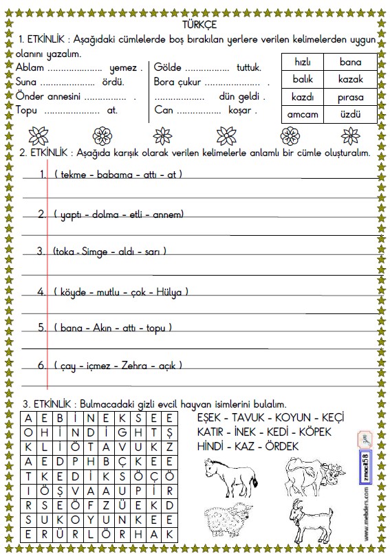 1. Sınıf Türkçe Boşluk Doldurma ve Cümle Oluşturma Etkinliği 8