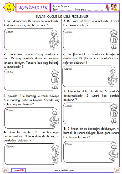 2. Sınıf Matematik Sıvıları Ölçme ile İlgili Problemler Etkinliği 1