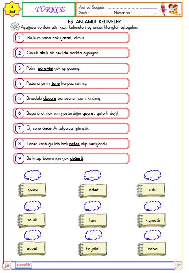 3. Sınıf Türkçe Eş Anlamlı Kelimeler Etkinliği