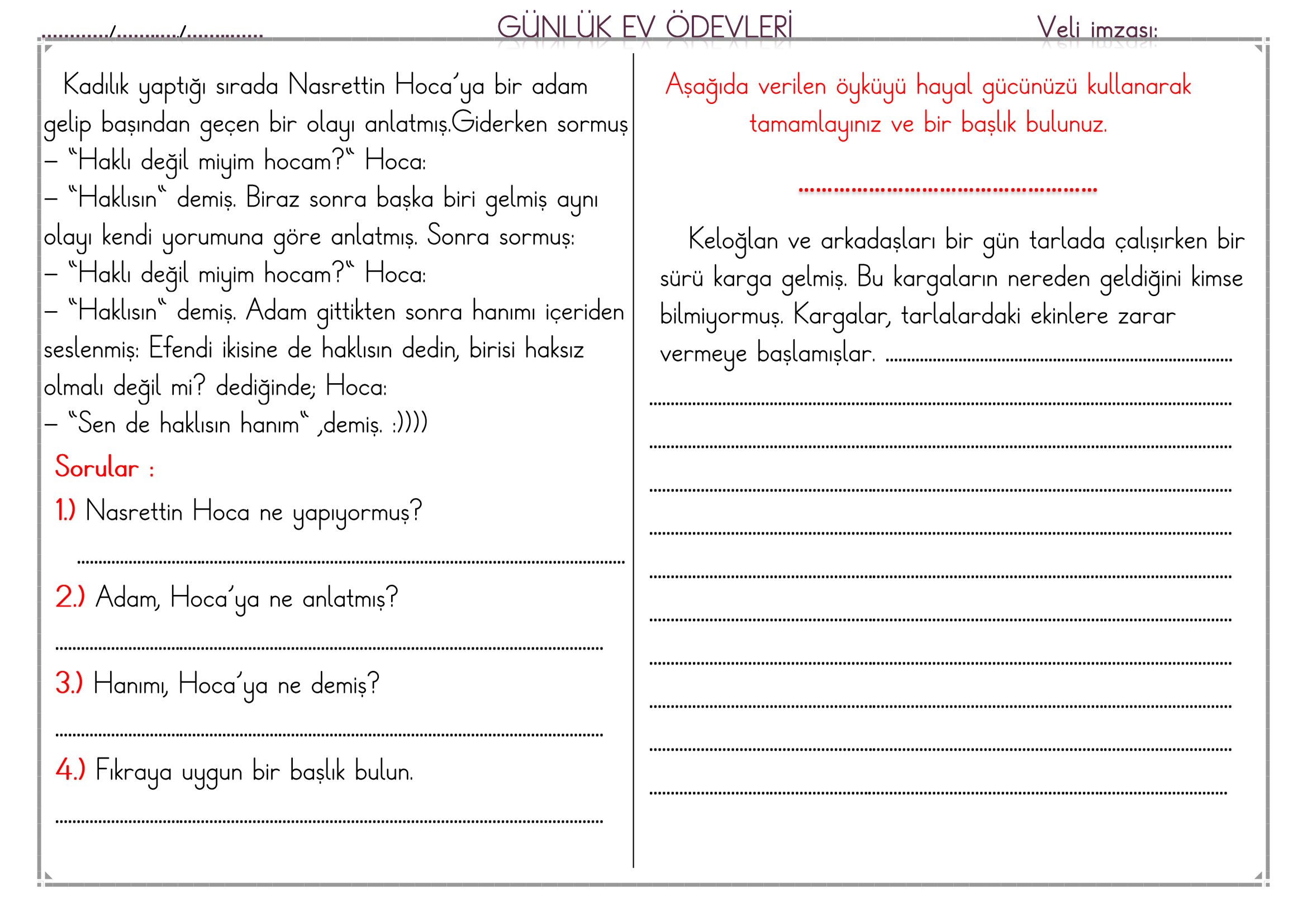 1.Sınıf - 17 Nisan 2026 Günlük Ev Ödevleri