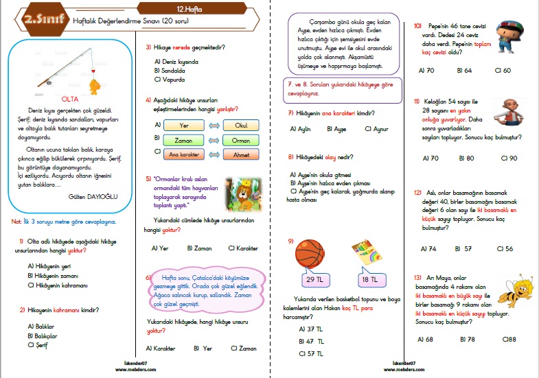 2.Sınıf Haftalık Değerlendirme Testi - 12.Hafta (05 Aralık - 09 Aralık)