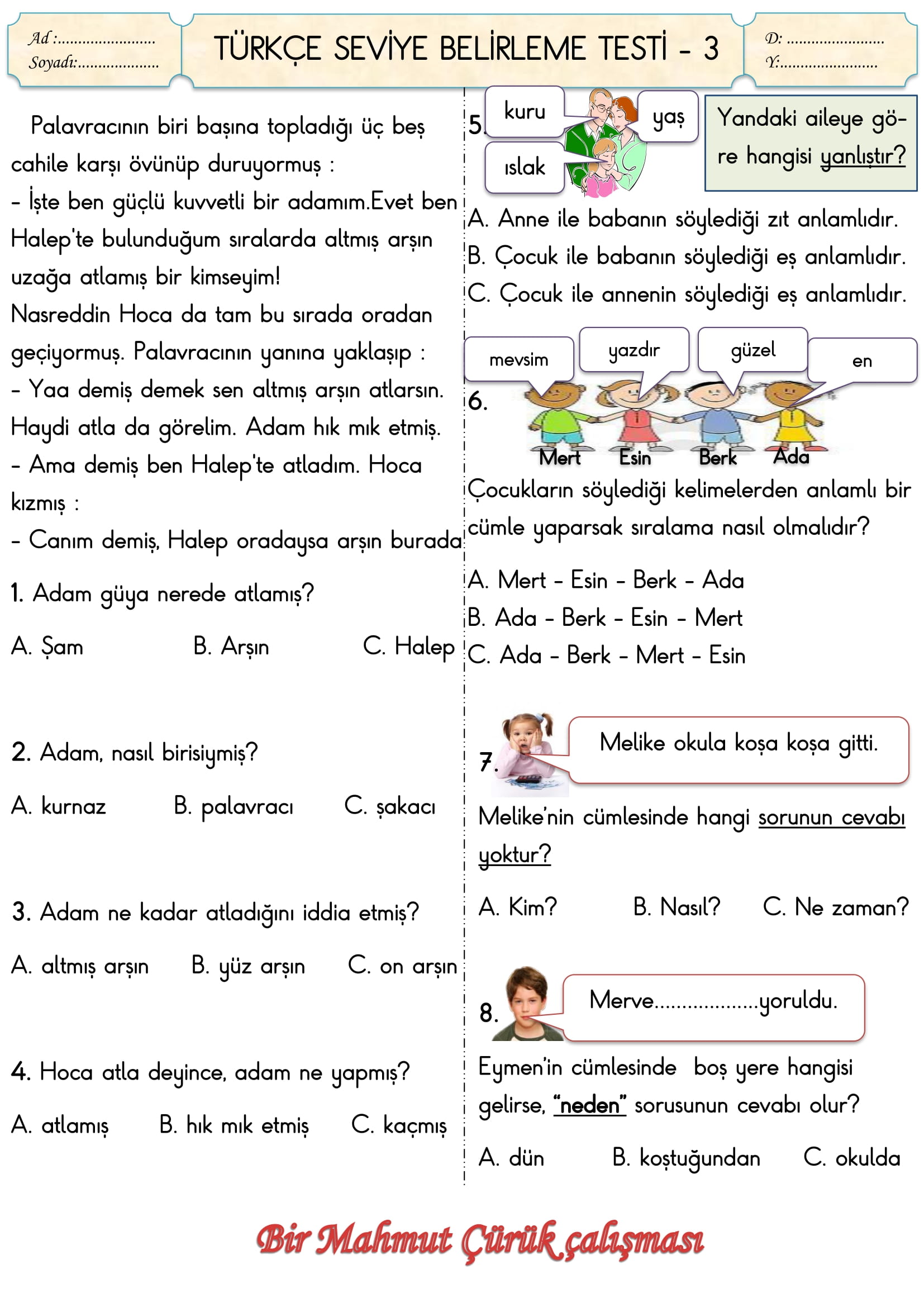 2.Sınıf Türkçe Seviye Belirleme Testi-3