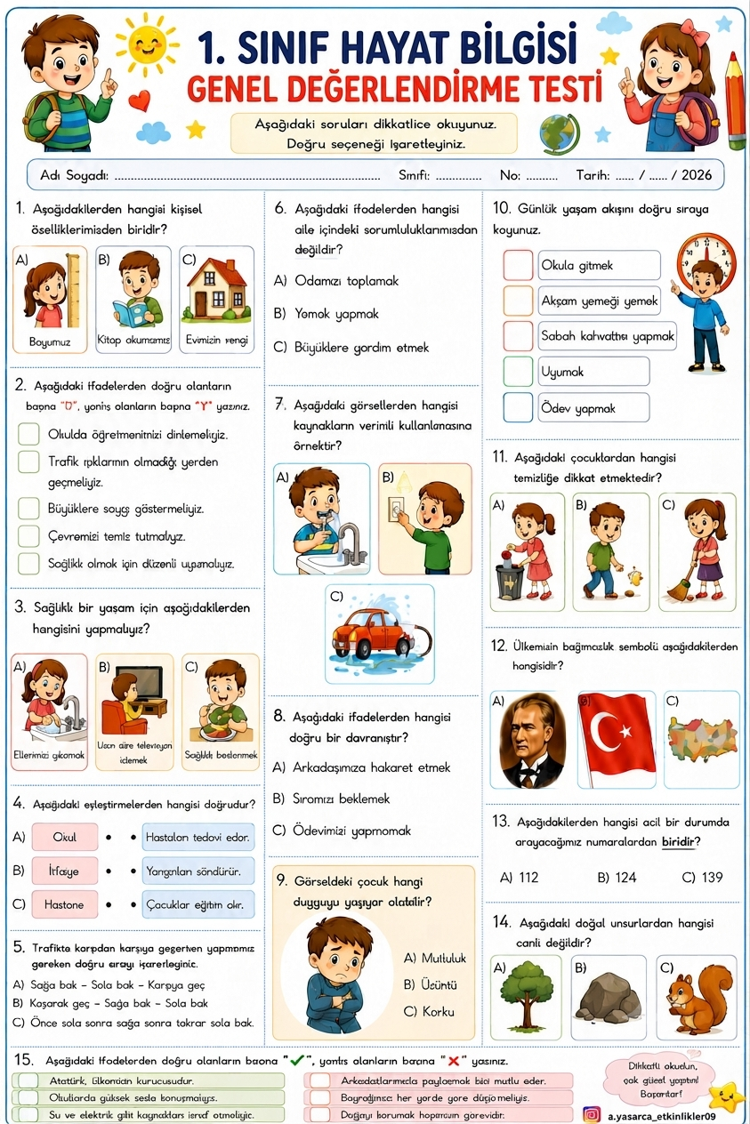 1.SINIF HAYAT BİLGİSİ GENEL DEĞERLENDİRME