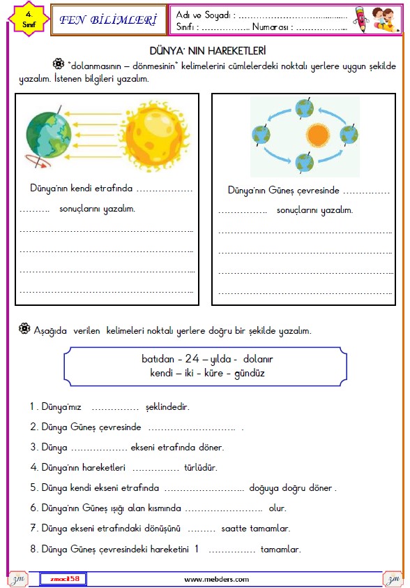 4. Sınıf Fen Bilimleri Dünya'nın Hareketleri Etkinliği 1