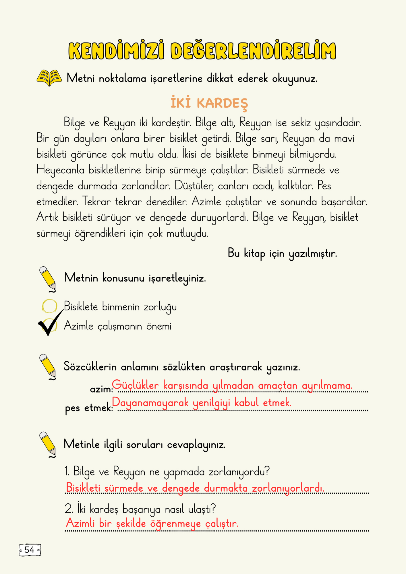 2. Sınıf Türkçe Meb Yayınları 1. Tema Kendimizi Değerlendirelim Metni Etkinlik Cevapları