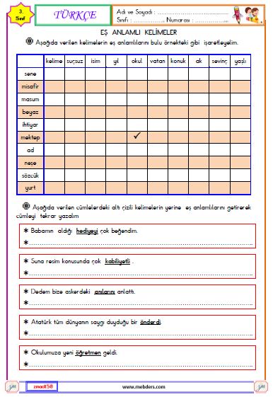 3. Sınıf Türkçe Eş Anlamlı  Kelimeler Etkinliği