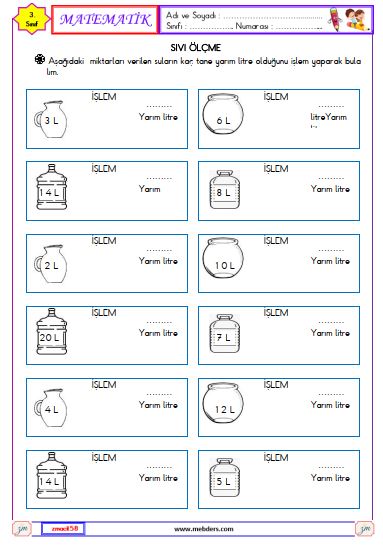 3. Sınıf Matematik Sıvıları Ölçme Etkinliği 1