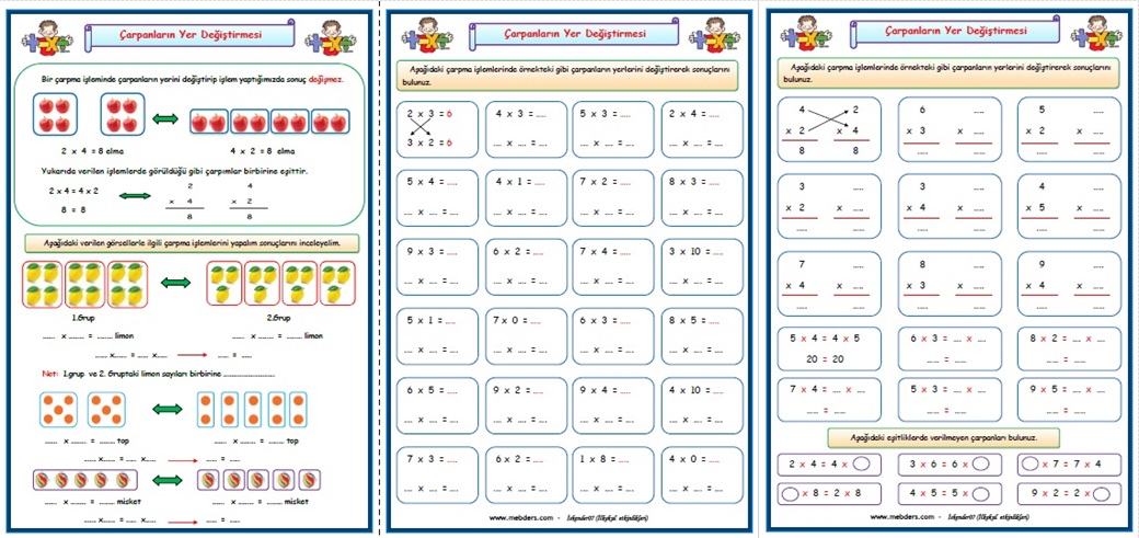 2.Sınıf Matematik Çarpma İşleminde Çarpanların Yer Değiştirmesi  (3 Sayfa)