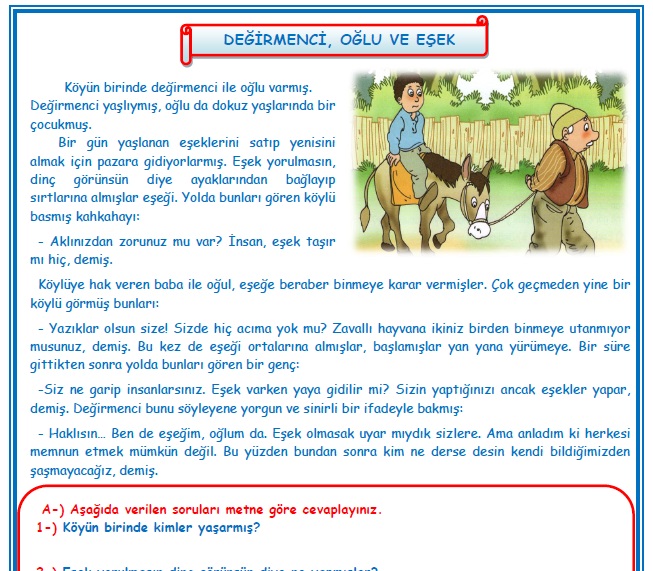 2.Sınıf Türkçe Değirmenci, Oğlu ve Eşek Okuma Anlama Metin Çalışması