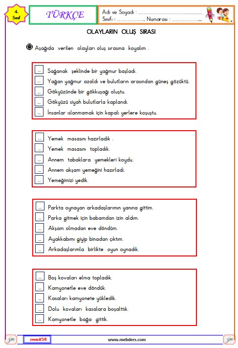 4. Sınıf Türkçe Olayların Oluş Sırası Etkinliği 6