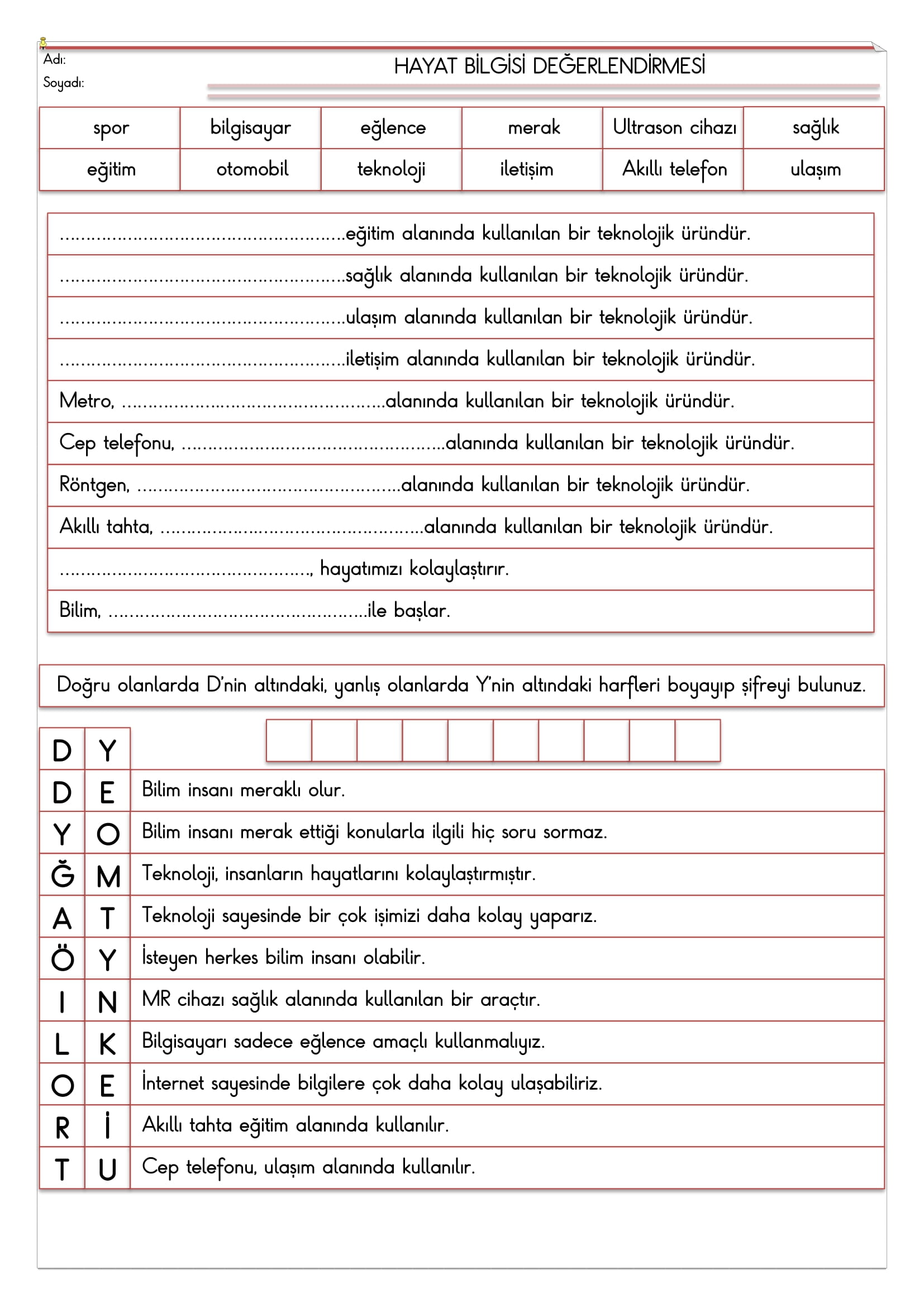 1.Sınıf - Hayat Bilgisi Değerlendirme 1