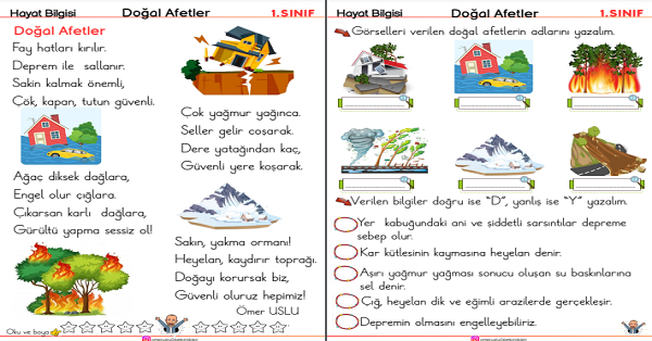 1. Sınıf Hayat Bilgisi Doğal Afetler Çalışma Etkinliği