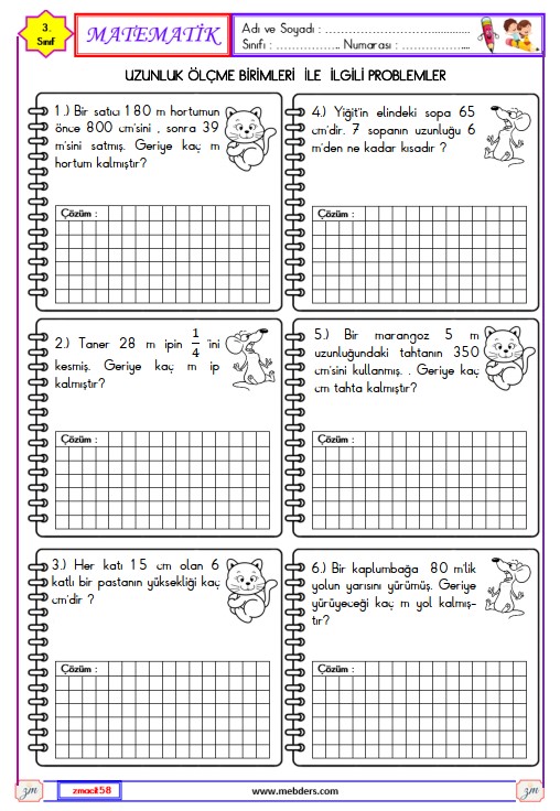 3. Sınıf Matematik Uzunluk Ölçme İle İlgili Problemler Etkinliği 2