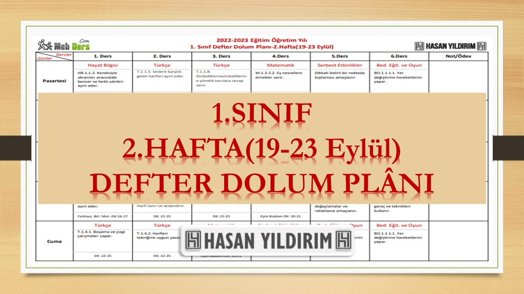 2022-2023 Eğitim Öğretim Yılı 1. Sınıf 2. Hafta (19-23 Eylül) Defter Dolum Planı