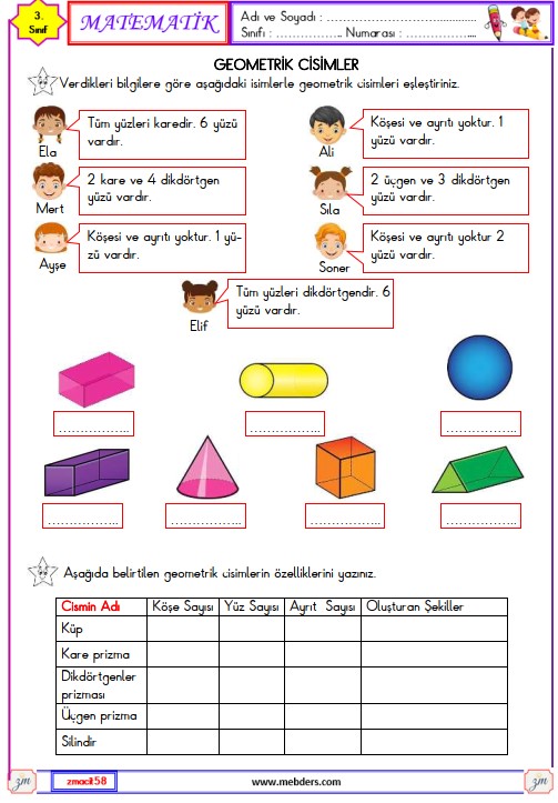 3. Sınıf Matematik Geometrik Cisimler Etkinliği 3