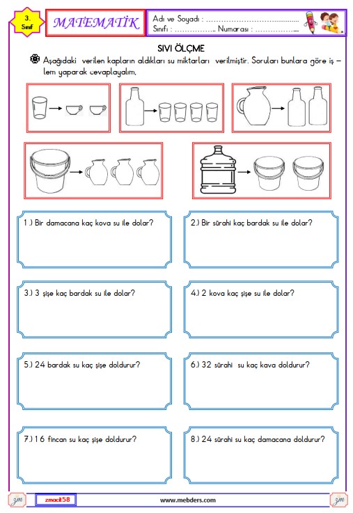 3. Sınıf Matematik Sıvı Ölçme Etkinliği 4