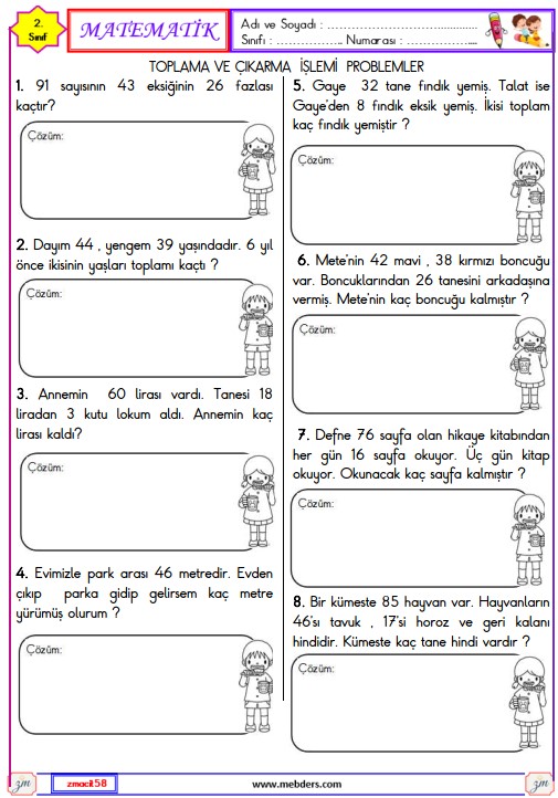 2. Sınıf Matematik Toplama ve Çıkarma İşlemi Problemleri Etkinliği 9