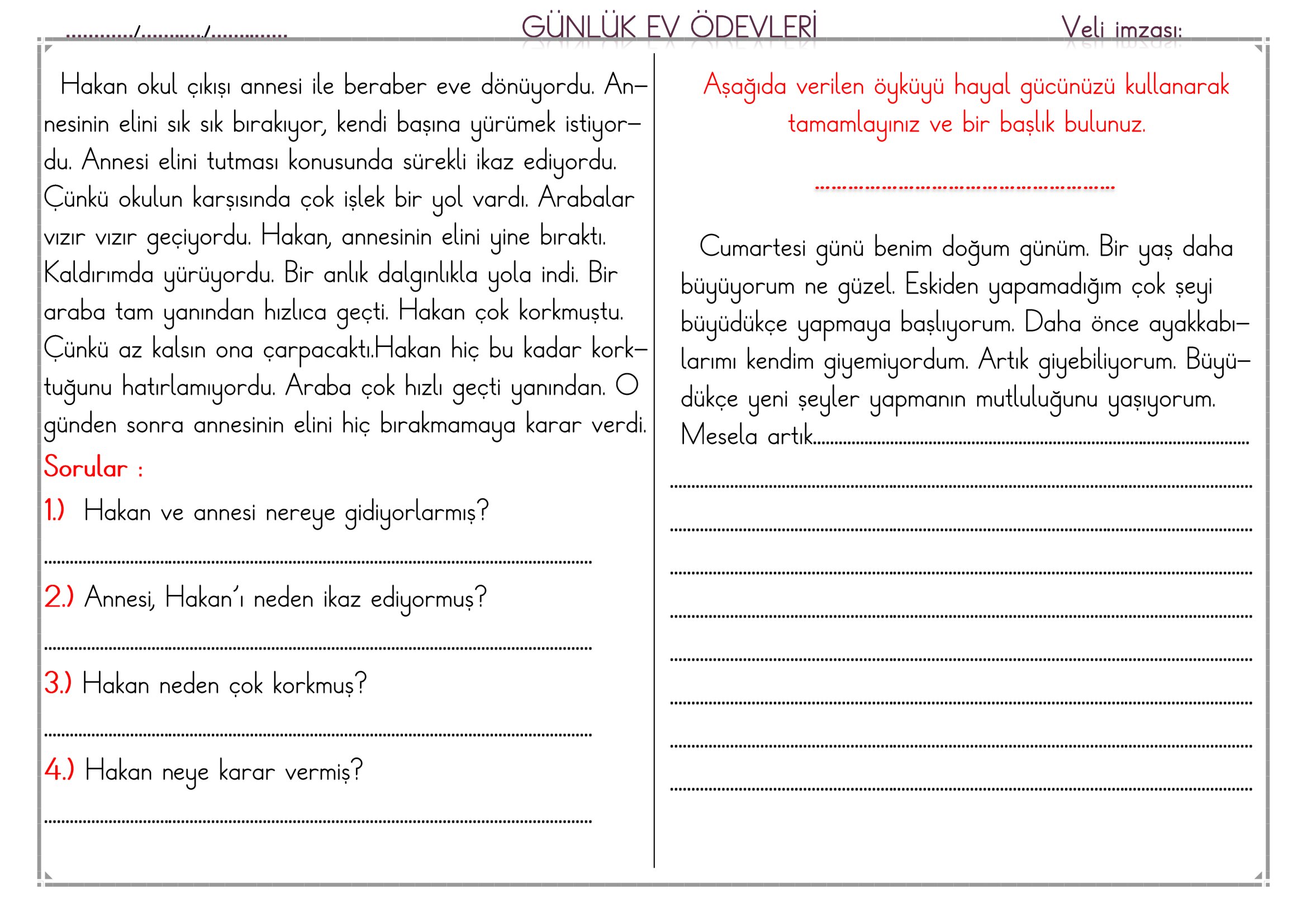 1.Sınıf - 31 Mart 2026 Günlük Ev Ödevleri