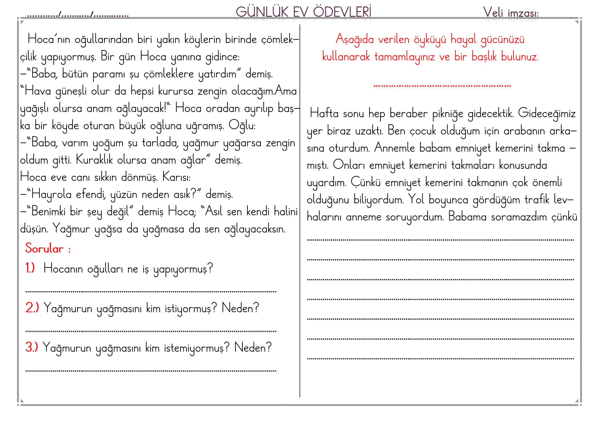 1.Sınıf - 02 Nisan 2026 Günlük Ev Ödevleri