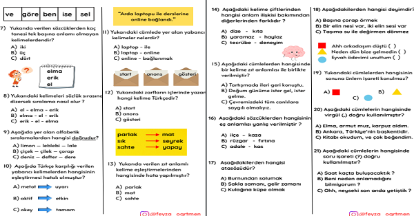 3. Sınıf Türkçe Beş Haftalık Değerlendirme