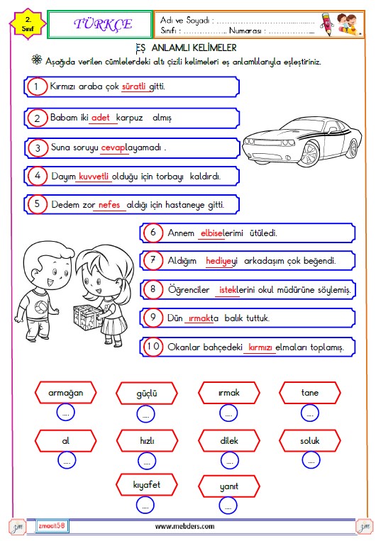 2. Sınıf Türkçe Eş Anlamlı Kelimeler Etkinliği