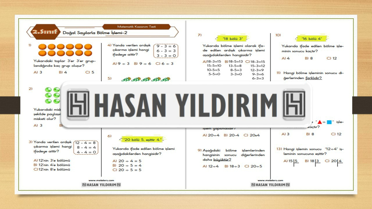 2.Sınıf Matematik Doğal Sayılarla Bölme İşlemi Testi-2