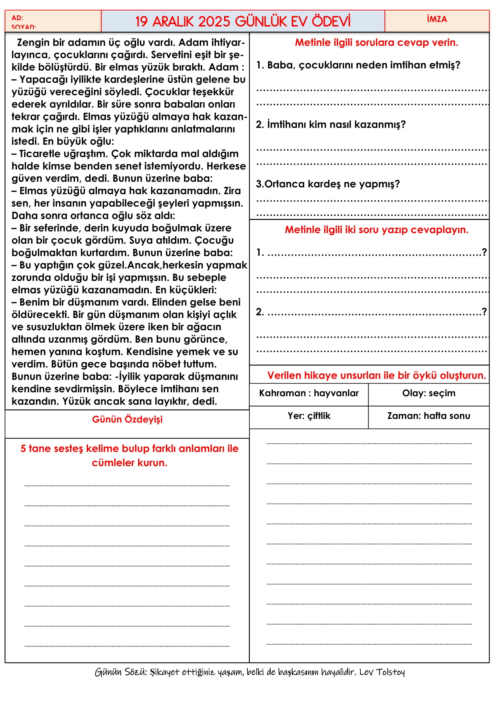 4.Sınıf - 19 Aralık 2025 Günlük Ev Ödevleri