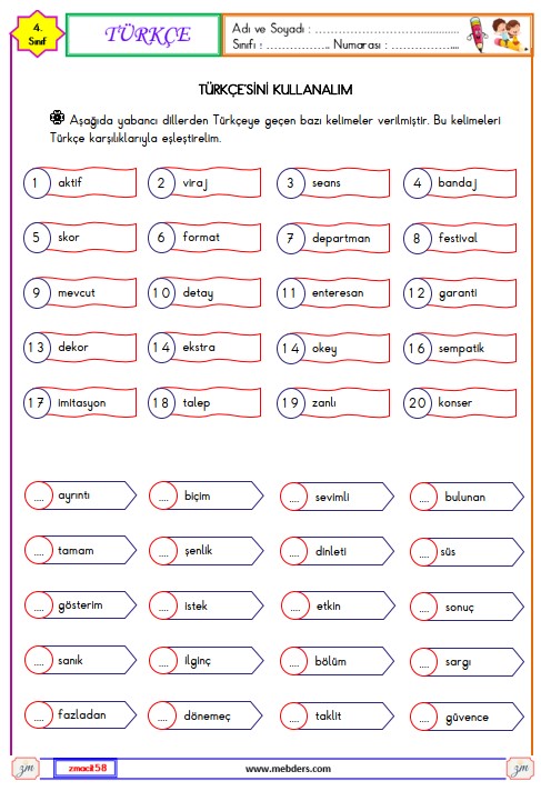 4. Sınıf Türkçe Yabancı Kelimelerin Türkçesini Kullanalım Etkinliği 7