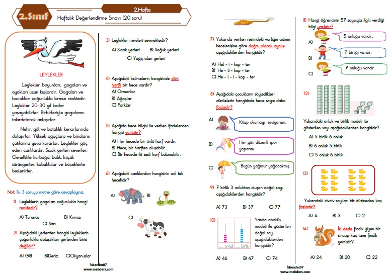 2.Sınıf Haftalık Değerlendirme Testi - 2.Hafta (19-23 Eylül)