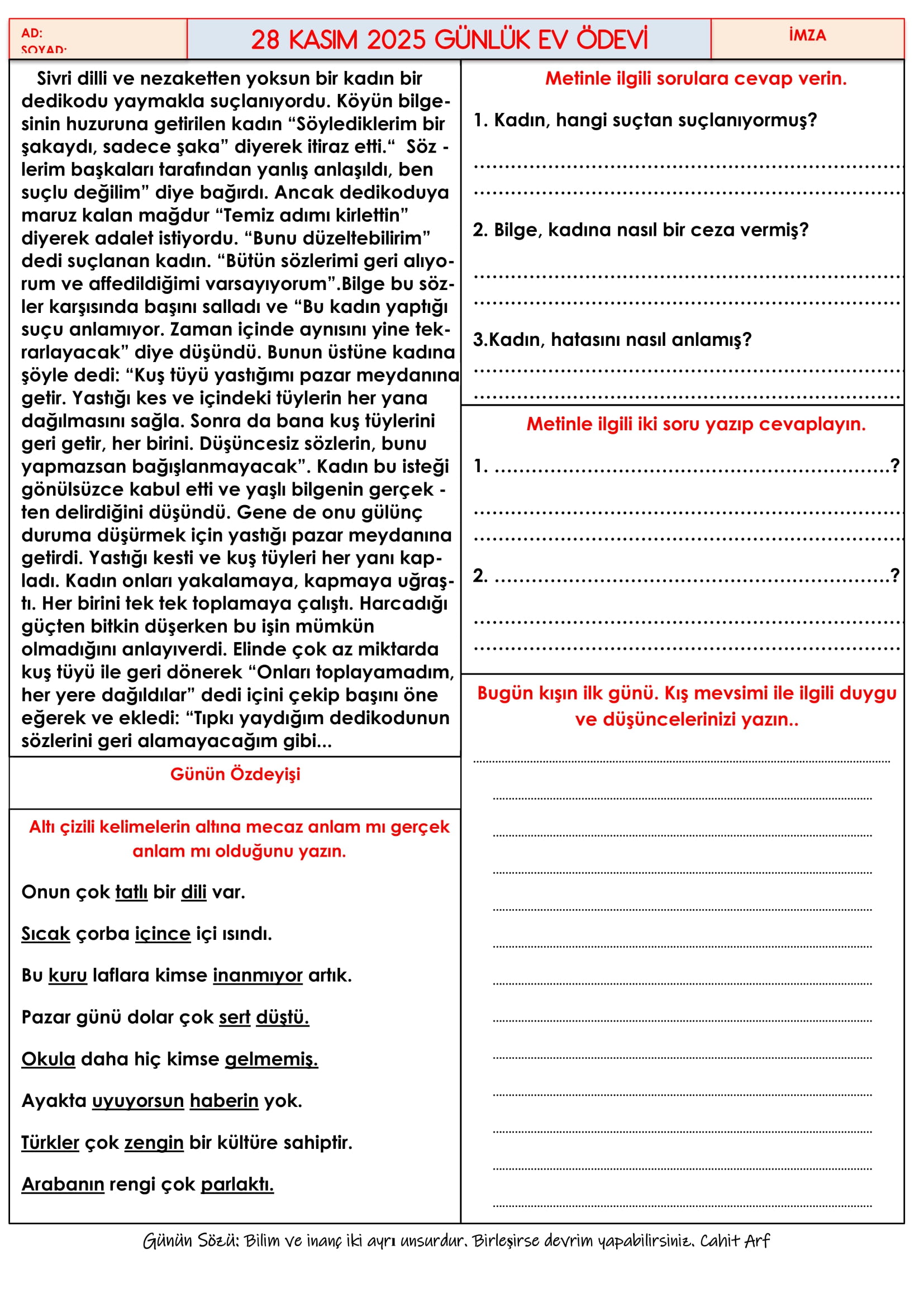 4.Sınıf - 28 Kasım 2025 Günlük Ev Ödevleri