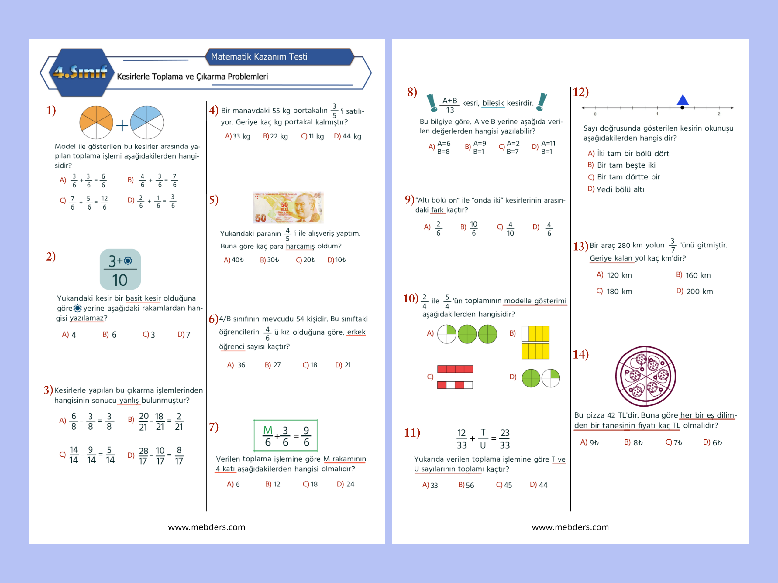 4. Sınıf Matematik Kesirlerle Toplama ve Çıkarma Problemleri