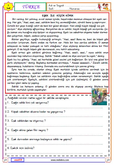 3. Sınıf Türkçe Okuma ve Anlama Metni  Etkinliği (Eşek ile Küçük Köpek)
