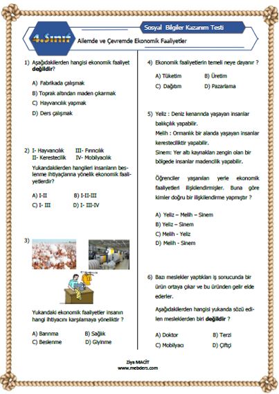 4. Sınıf Sosyal Bilgiler Ailemde ve Çevremde Ekonomik Faaliyetler  Kazanım Testi