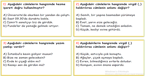 4.Sınıf Türkçe Noktalama İşaretleri ve Yazım Yanlışları Test-3