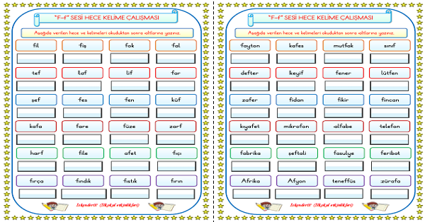 1. Sınıf İlk Okuma Yazma F-f Sesi Hece Kelime Okuma Yazma Çalışmaları