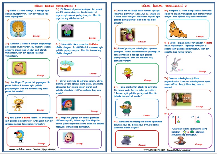 2.Sınıf Matematik Bölme İşlemi Problemleri (4 Sayfa - 32 Soru)