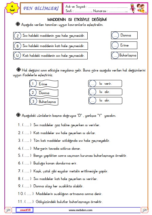 4. Sınıf Fen Bilimleri Maddenin Isı Etkisiyle Değişimi Etkinliği 2