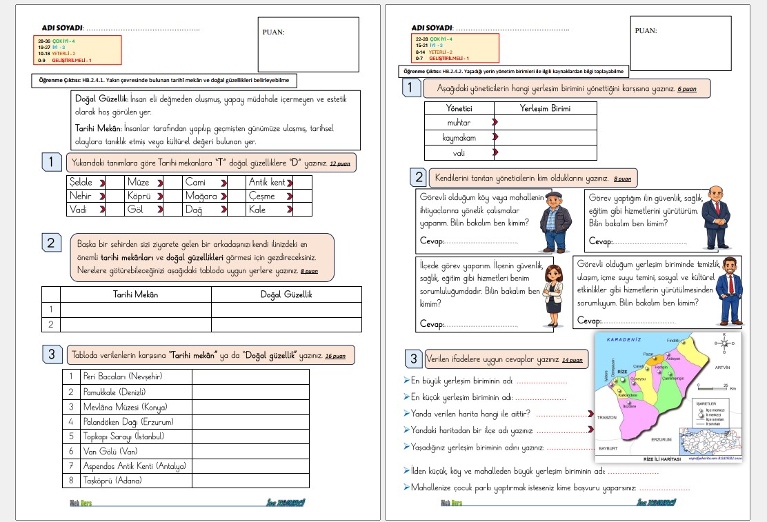 2. Sınıf Hayat Bilgisi 4. Öğrenme alanı SÜREÇ DEĞERLENDİRME -1