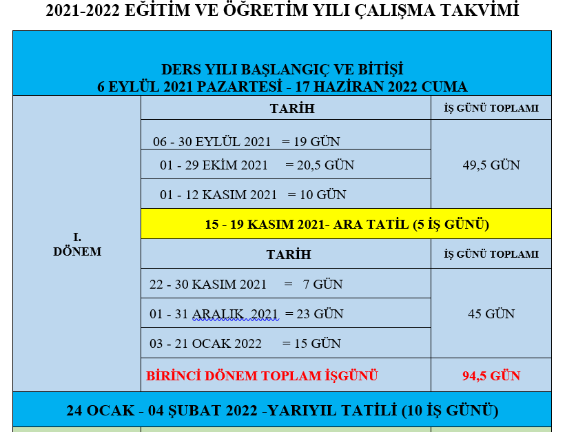 2021-2022 Eğitim Öğretim Yılı Çalışma Takvimi