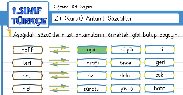 1.Sınıf Türkçe Zıt (Karşıt) Anlamlı Sözcükler Etkinliği