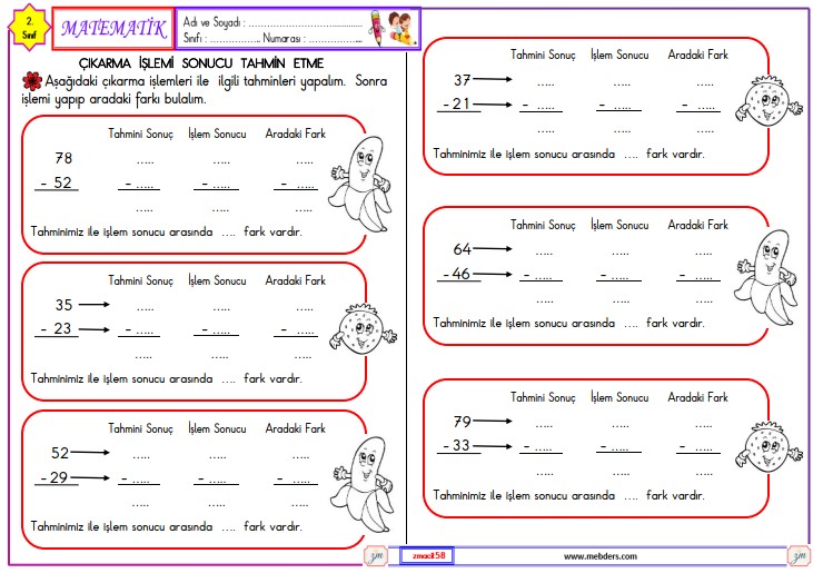 2. Sınıf Matematik Çıkarma İşlemi Sonucu Tahmin Etme Etkinliği 2