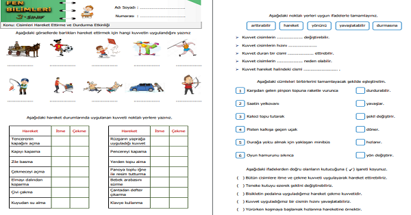 3.Sınıf Fen Bilimleri Cisimleri Hareket Ettirme ve Durdurma Etkinliği 2 (İtme ve Çekme Kuvveti)