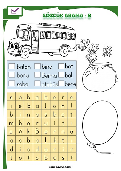 1.Sınıf İlkokuma Boyamalı Sözcük Arama Etkinliği - B Sesi