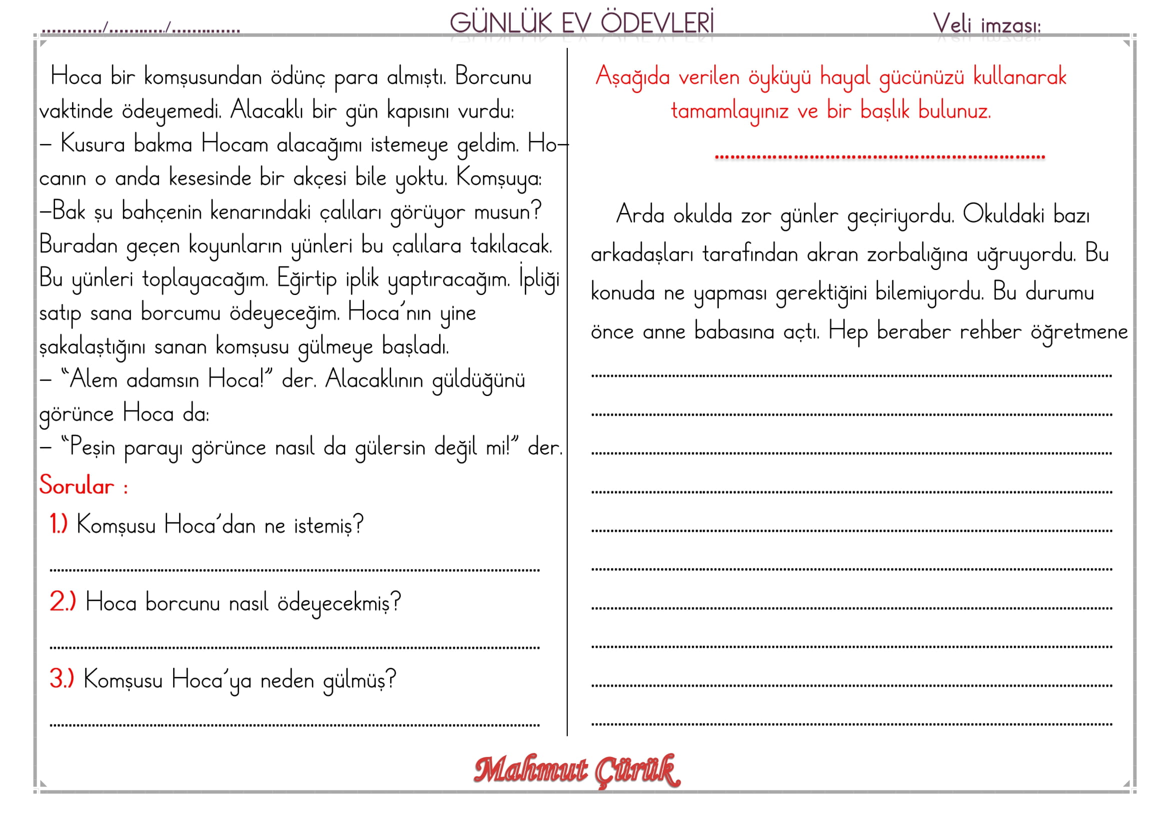 1.Sınıf 15 Mayıs 2025 Günlük Ev Ödevi