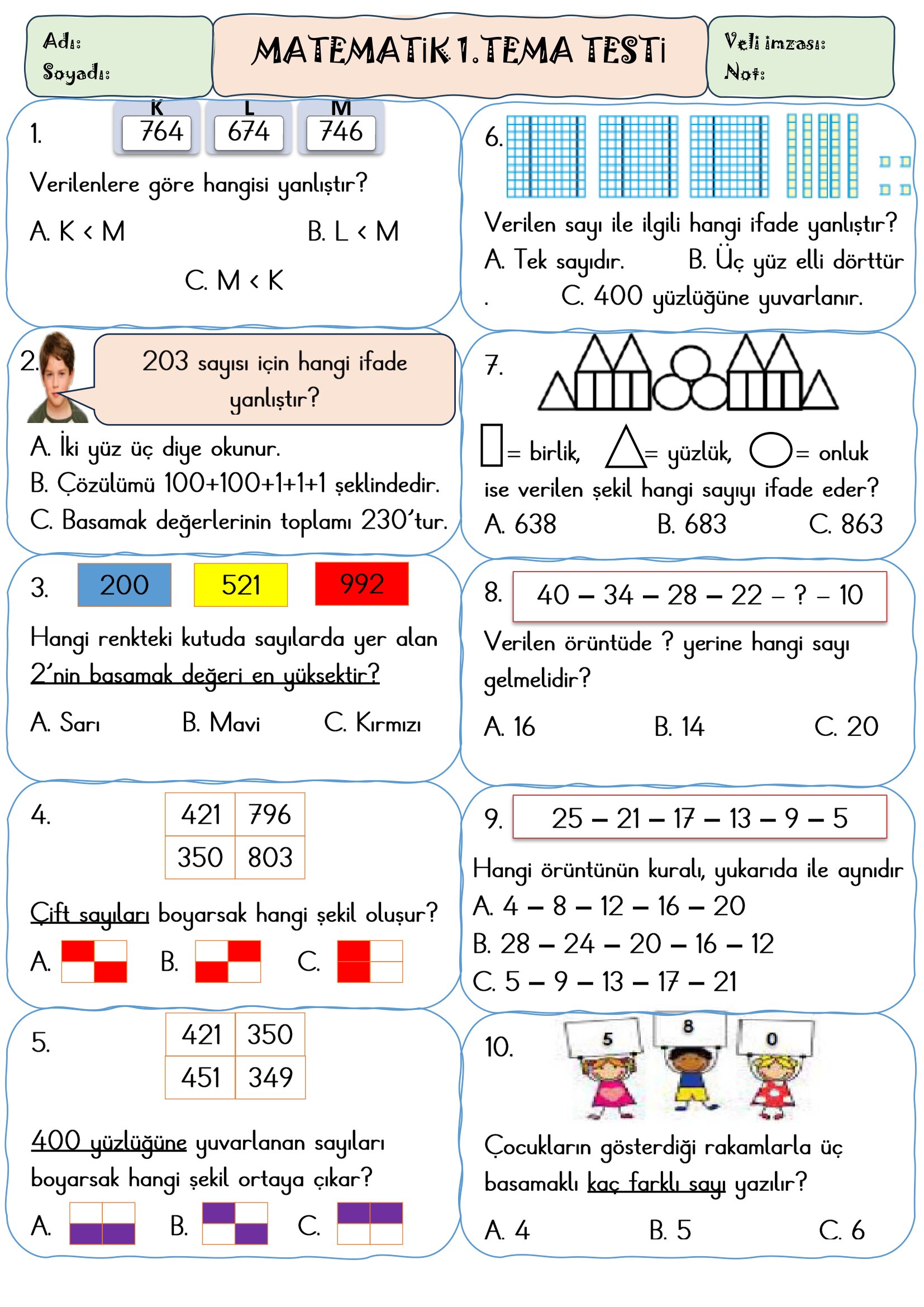 3.Sınıf Matematik 1.Tema Testi-1