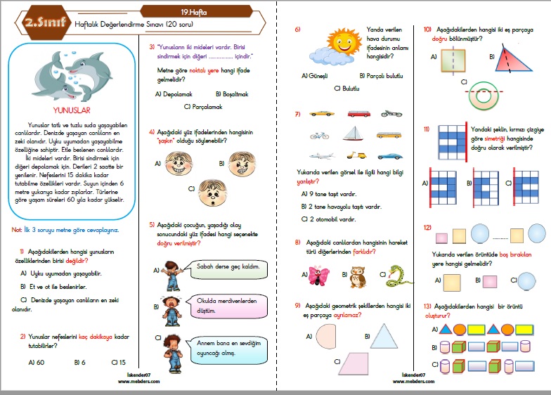 2.Sınıf Haftalık Değerlendirme Testi - 19.Hafta (17-21 Ocak)