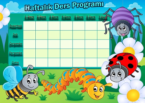 Küçük sevimli böceklerle haftalık ders programı şablonu