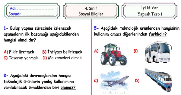 4.Sınıf Sosyal Bilgiler İyi ki Var Ünitesi Yaprak Test 1