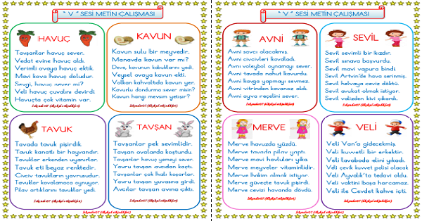 1. Sınıf İlk Okuma Yazma V Sesi Metin Okuma Çalışması