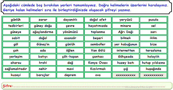 4.Sınıf Sosyal Bilgiler İnsanlar Yerler ve Çevre Ünitesi Boşluk Doldurma Etkinliği